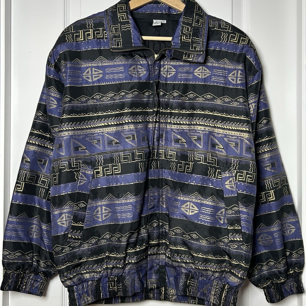 Fuda International Vintage‎ 90s 100% Silk Geometric Tribal Print Bomber Jacket